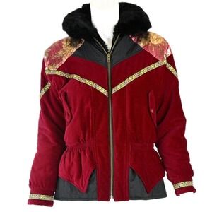 80s Vintage Red Velvet Bomber Coat Boho Ski Jacket Womens M Rabbit Fur Collar